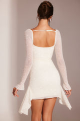 Ferrara-Long Sleeve Embellished Cowl Neck Mini Dress in White