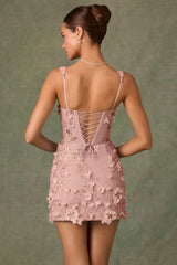 Posy-Embellished Corset Mini Dress in Dusty Rose