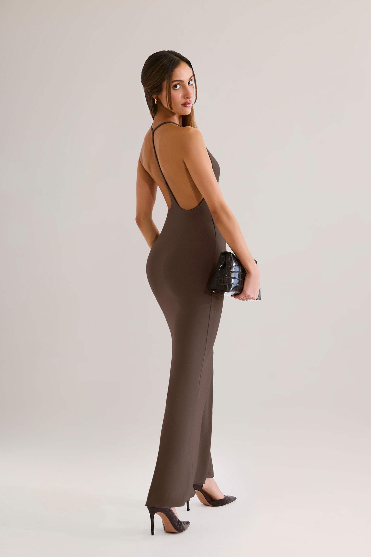 Leire-Modal Plunge Backless Maxi Dress in Chocolate Brown