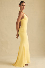 Laverna-Ruched Backless Halterneck Gown in Pastel Yellow