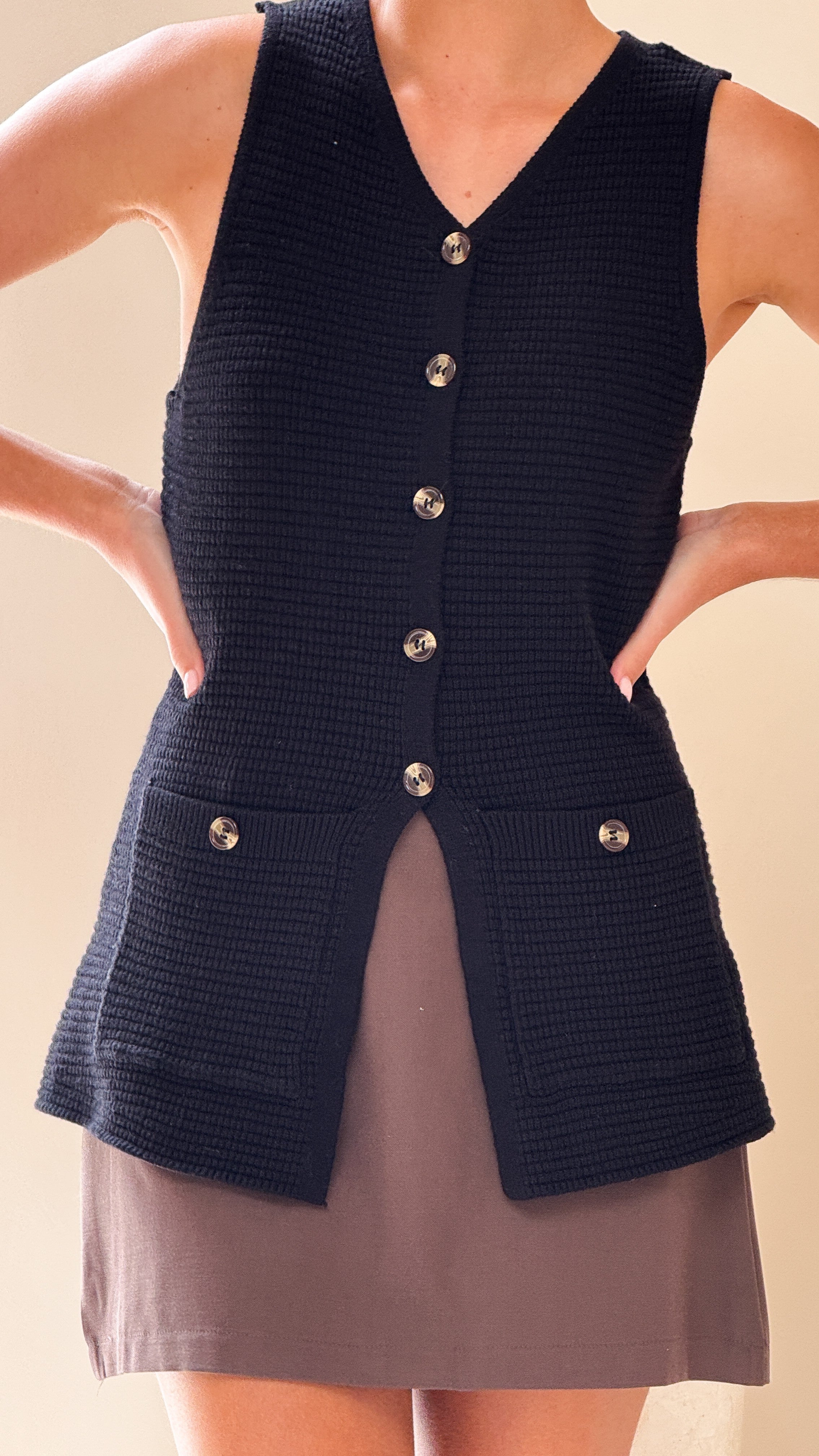 Inari Knit Button Up Vest - Black