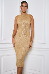 Gianina-Embellished Open-Back Midaxi Dress in Gold