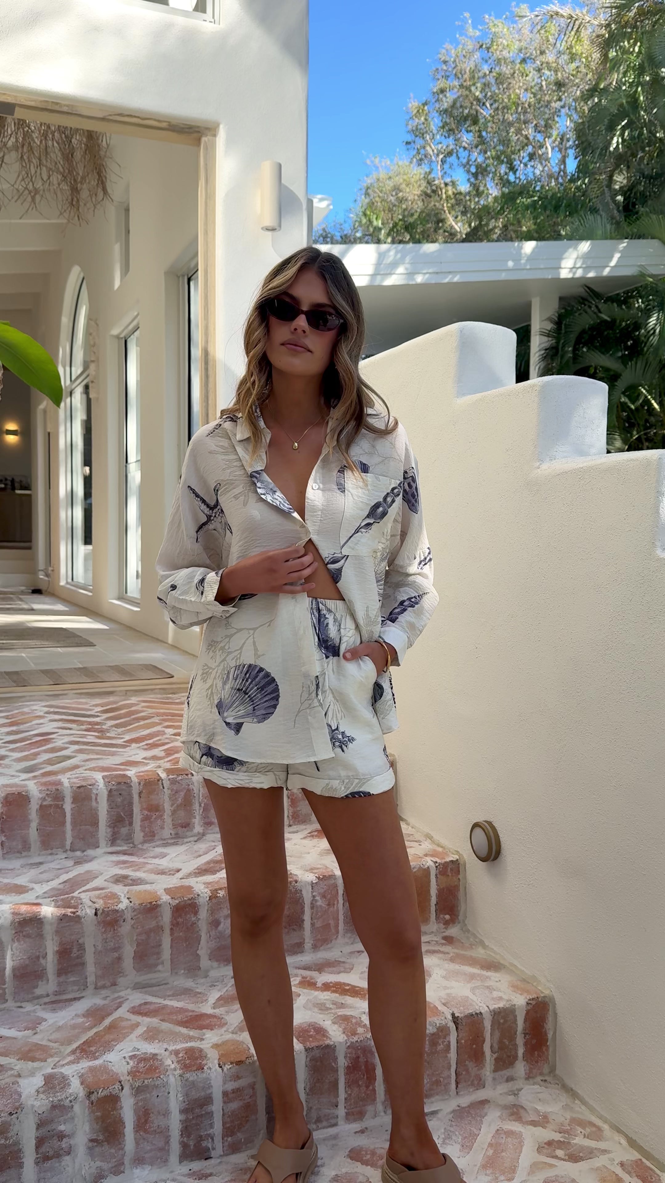 Candelaria Button Up Shirt and Shorts Set - Shell Print