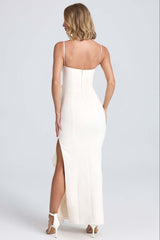 Kazumi-Plissé Ruffle-Trim Maxi Dress in Ivory