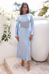 Queen Visits Long Sleeve Satin Maxi Dress Blue