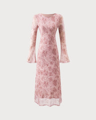 Pink Floral Bell Sleeve Maxi Dress