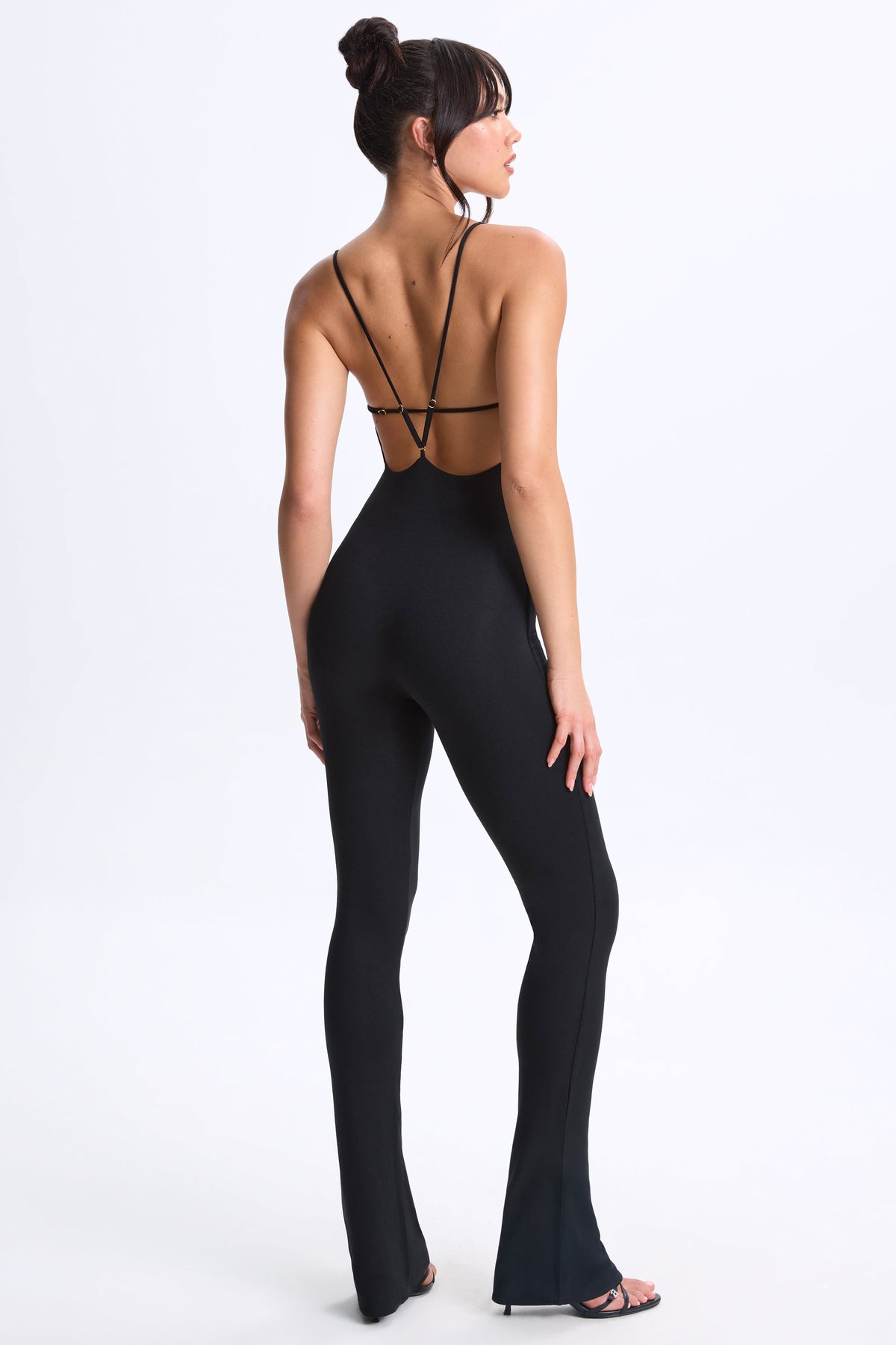 Kiki-Petite Plunge Open-Back Flared Jumpsuit in Black