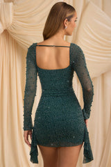 Tivoli-Embellished Cowl-Neck Draped Mini Dress in Emerald Green