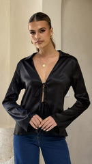 Darielle Tie Front Long Sleeve Top - Black