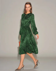 Green Jacquard Lantern Sleeve Midi Dress