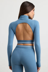 Stretch Cotton Jersey Backless Turtleneck Long-Sleeve Crop Top in Steel Blue
