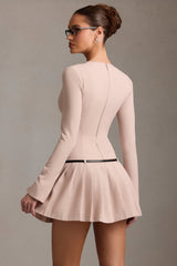 Fiorella-Long-Sleeve Pleated Mini Dress in Mushroom