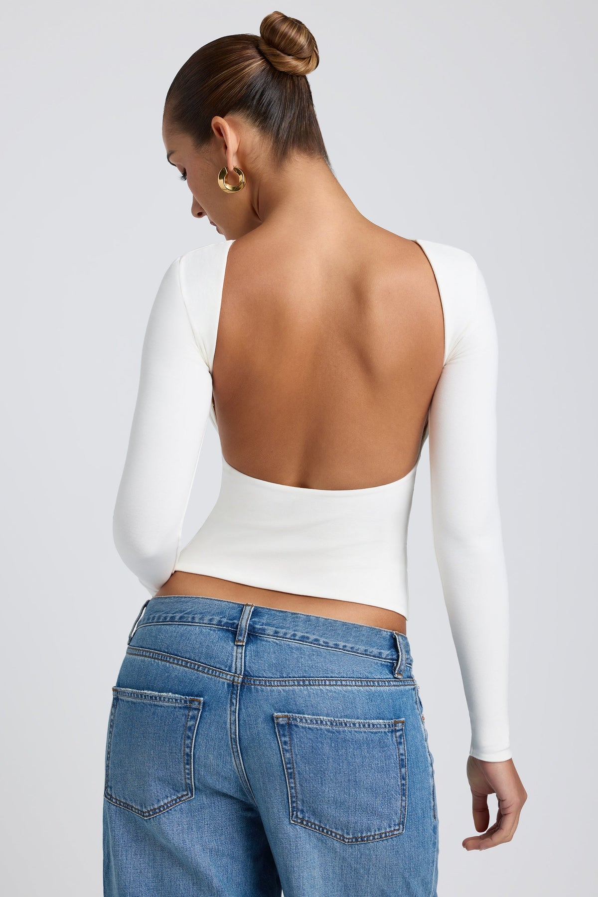 Elli-Modal High Neck Long Sleeve Open Back Top in White