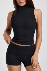 Lisha-Modal Ribbed Mid-Rise Foldover Shorts in Black