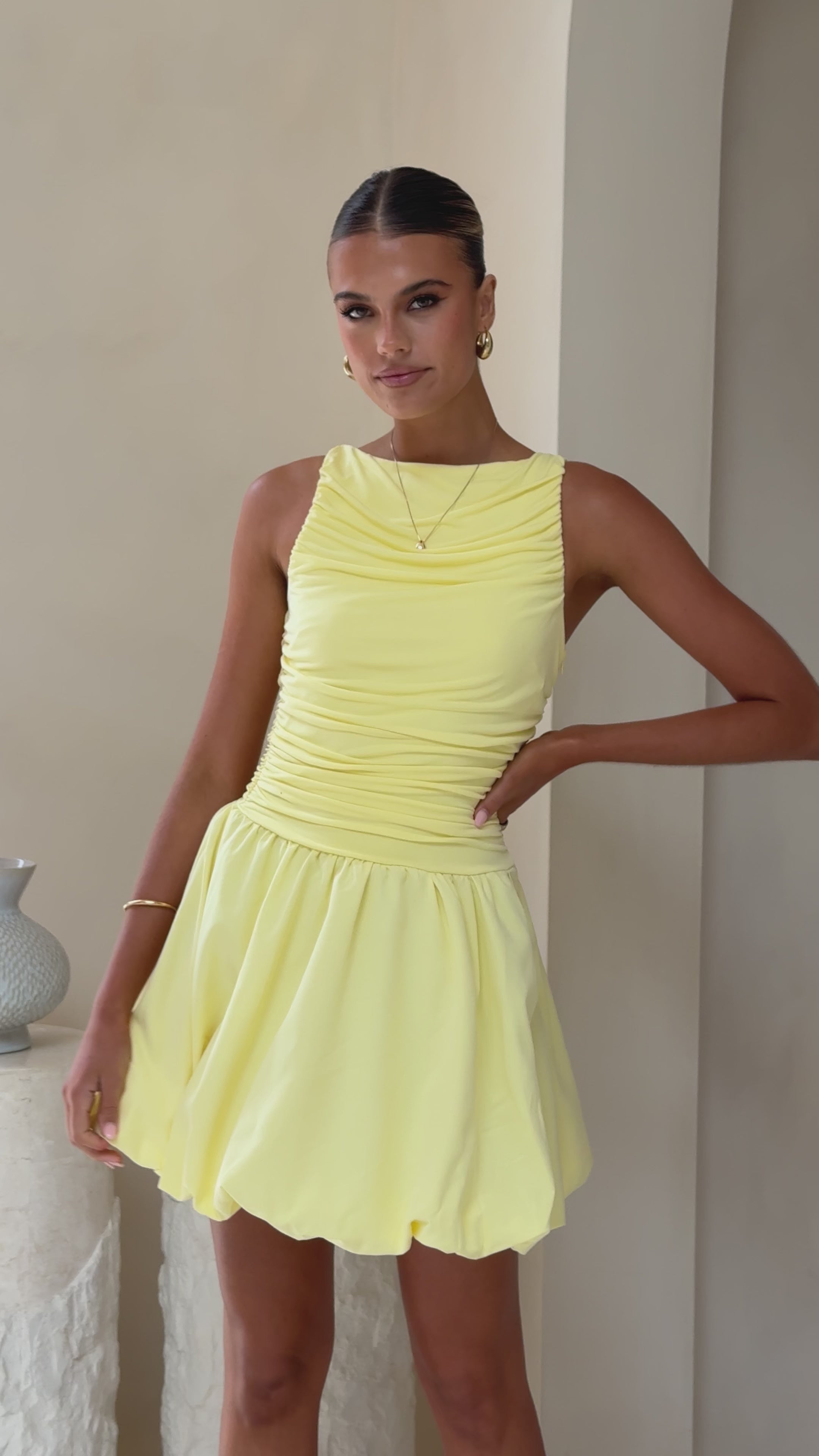 Meera Boat Neck Mini Dress - Lemon