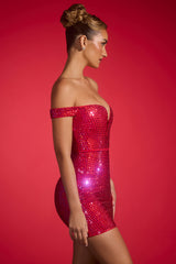 Leonora-Embellished Off-Shoulder Mini Dress in Crimson Red