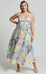 Robertson Midi Dress - Strappy Sweetheart Bustier Flare Dress in Vintage Floral