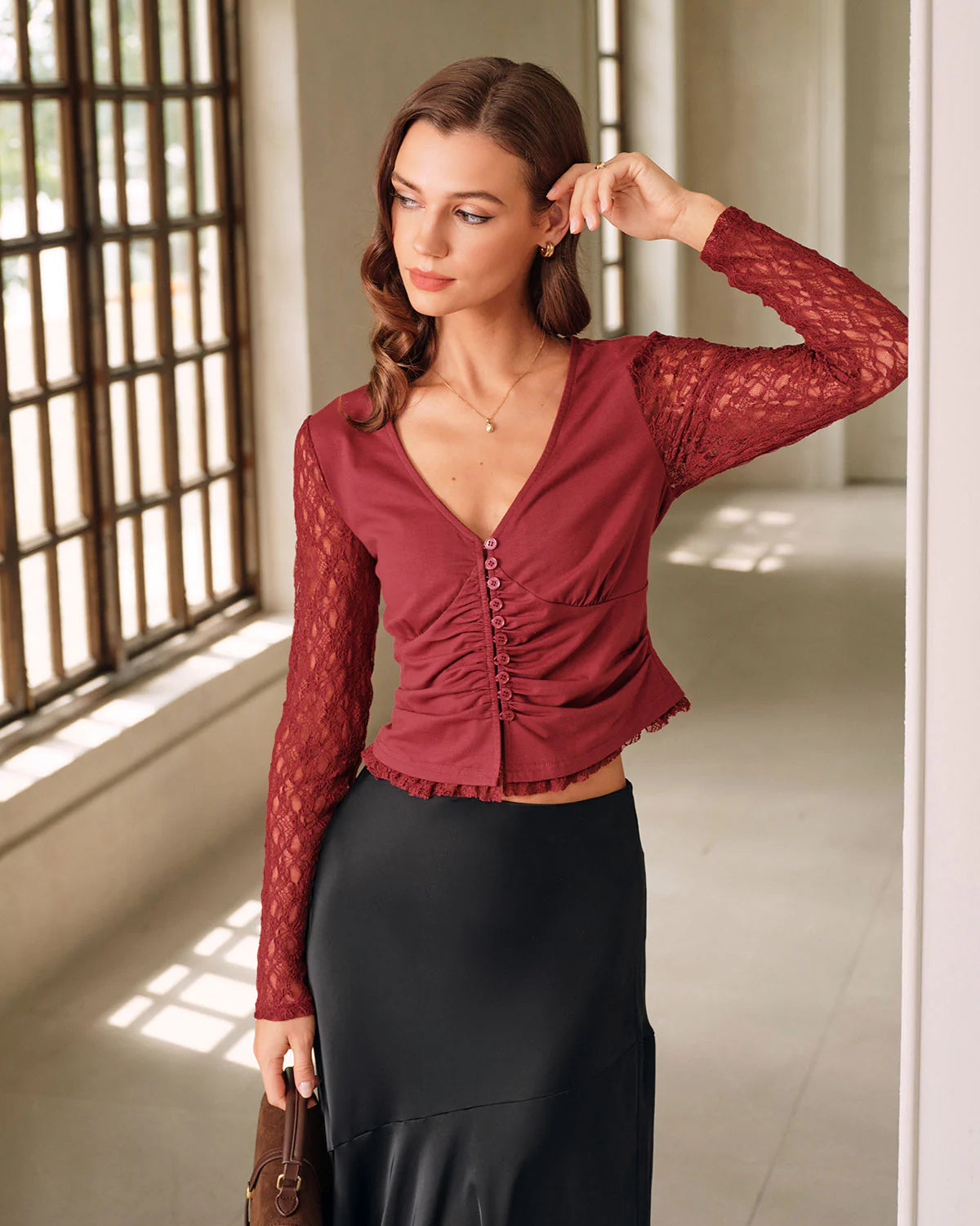 Red V Neck Button Cardigan