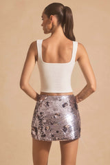 Lunara-Sequin-Embellished Mini Skirt in Silver