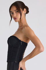 Melvina-Ruched Lace-Up Strapless Corset Top in Black