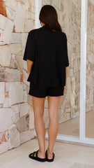 Machiko Button Up Shirt and Shorts Set - Black Waffle Knit