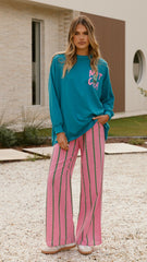 Matcha Long Sleeve Top and Pants Set - Teal / Pink