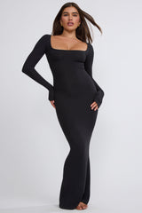 Jude-Ribbed Modal Long Sleeve Maxi Dress in Black