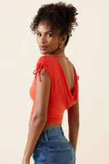 Kaede-Asymmetric Ruched Cowl-Back Crop Top in Scarlet