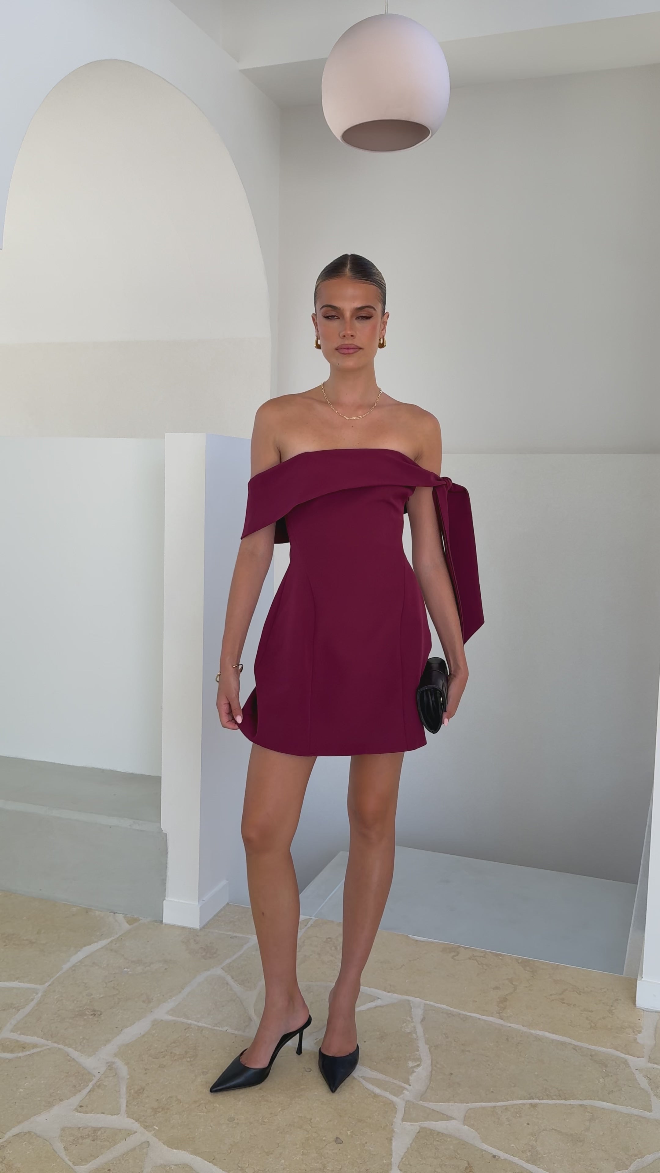 Halen Off Shoulder Mini Dress - Wine