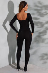 Delanie-Square Neck Long Sleeve Jumpsuit in Black