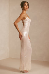 Marlena-Sheer Sequin V-Neck Cut Out Back Evening Gown in White