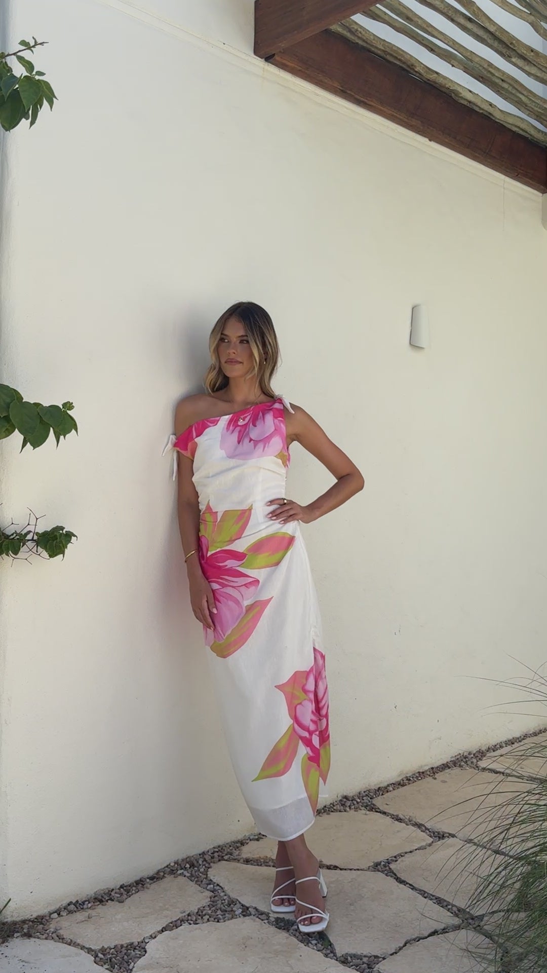 Maisy Shoulder Tie Midi Dress - Pink Green