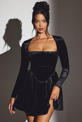 Tera-Velvet Long Sleeve Corset Mini Dress in Jet Black