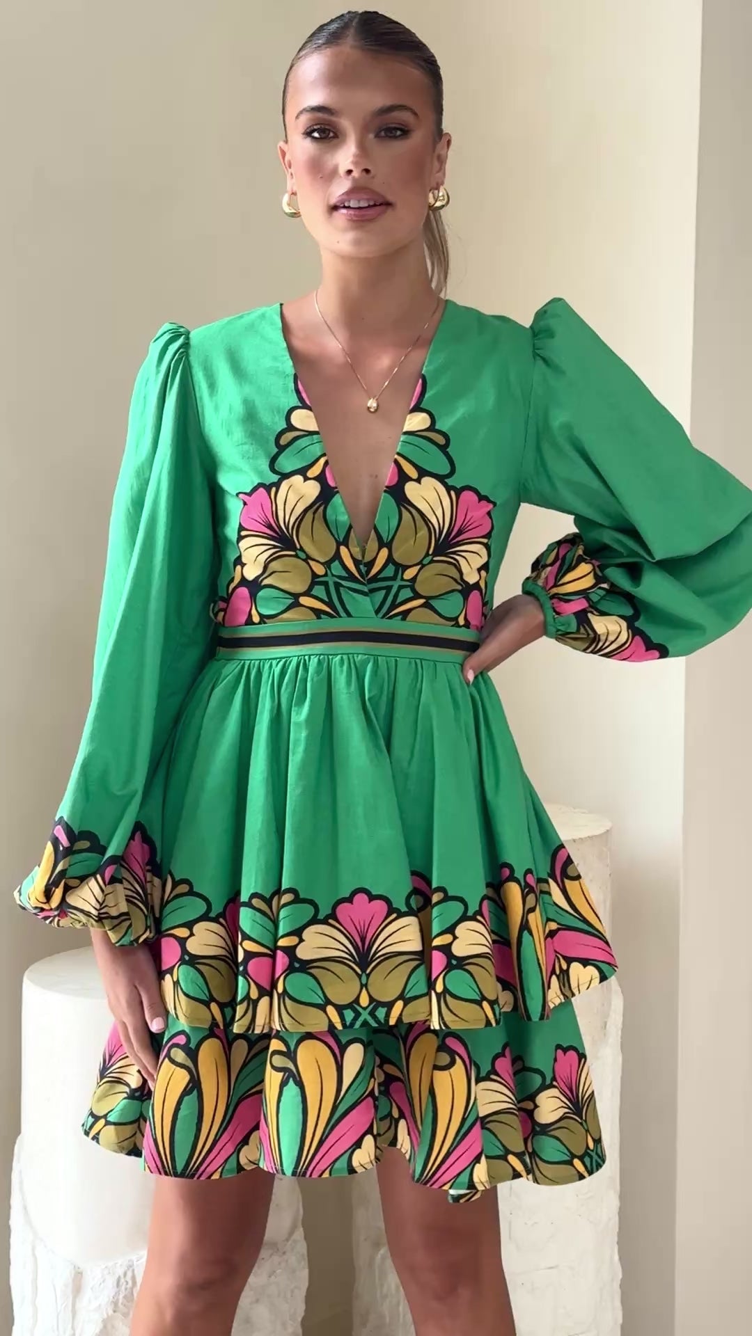 Portugal Long Sleeve Mini Dress - Apple