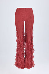Felicity-Ruffled Mid-Rise Flared Trousers in Red Print