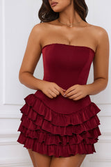 Juliet-Bandeau Ruffled Tiered Corset Mini Dress in Berry Red