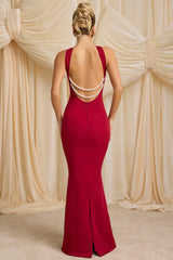 Xanthia-Pearl-Detail Halterneck Maxi Dress in True Red