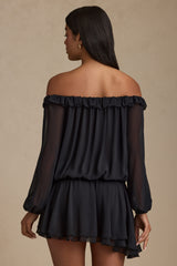 Solana-Off-Shoulder Asymmetric Balloon-Sleeve Mini Dress in Black