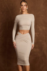 Bonne-Cut-Out Draped High-Rise Midi Skirt in Taupe