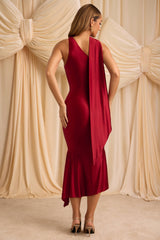 Shaya-Asymmetric Scarf-Detail Midaxi Dress in True Red
