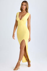 Sloane-High Split Plunge Neck Maxi Dress in Lemon Sherbet