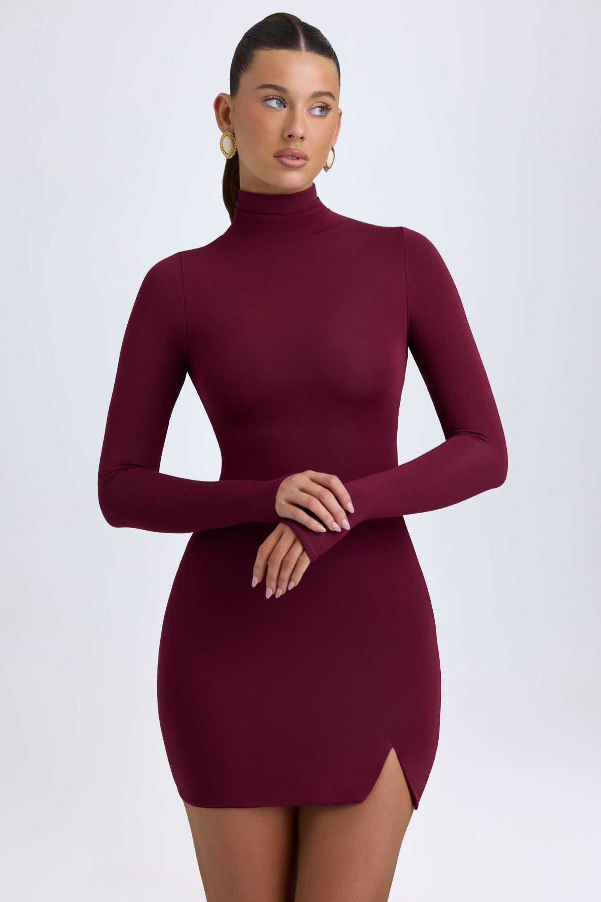 Amira-Modal Turtleneck Mini Dress in Wine Red