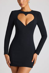 Luciana-Heart Cut Out Long Sleeve Mini Dress in Black