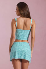 Jianna-Embellished Low-Rise Mini Skirt in Aqua Blue