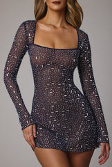 Zeta-Sheer Embellished Long Sleeve A-Line Mini Dress in Navy
