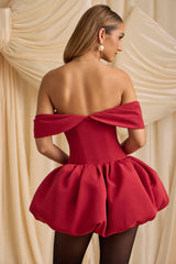 Jessamy-Off-Shoulder Layered Bubble Hem Corset Mini Dress in True Red