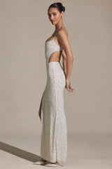 Lucienne-Embellished Cut-Out Fishtail Maxi Dress in White