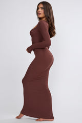 Jude-Ribbed Modal Long Sleeve Maxi Dress in Chocolate