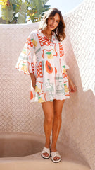 Aceso Asymmetrical Mini Dress - Lemon / Papaya Print