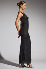 Colmar-Embellished Plunge Neck Evening Gown in Black